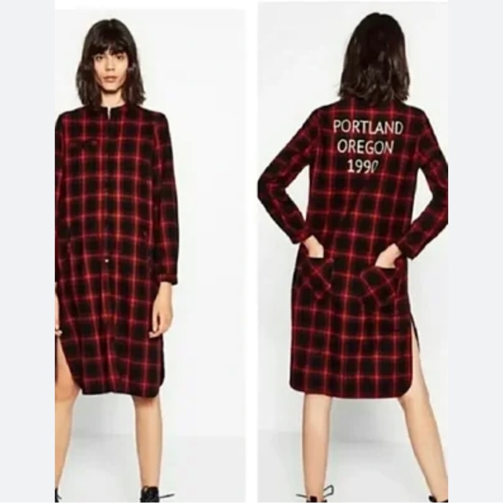 Zara Trafaluc Plaid Flannel Shirt Dress Embroidery Grunge Streetwear 1990s